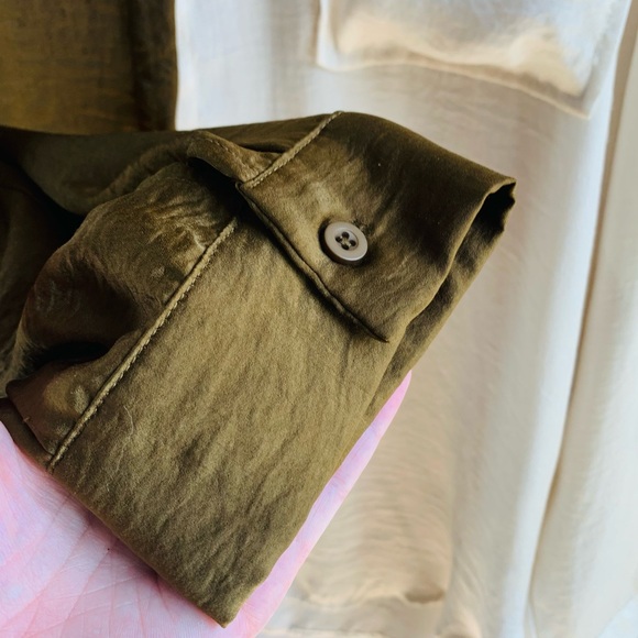 Miou Muse Shirt Blouse Cream Olive Colorblock Long Sleeve Button Front Large - Picture 3 of 6